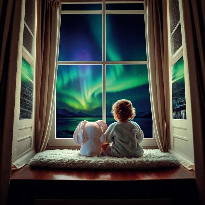 Schneehase mit Nordlicht-Projektion